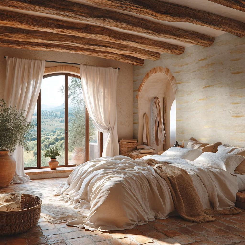 Krēmkrāsas tapetes ar mirdzošu viļņu faktūru mājīgam interjeram - idejas interjerām