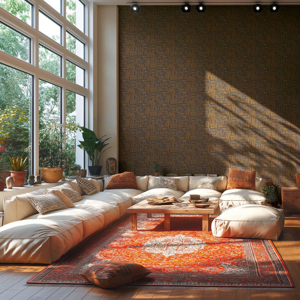 Modernas tapetes ar ģeometrisku koka motīvu melnā un brūnā tonī - idejas interjerām