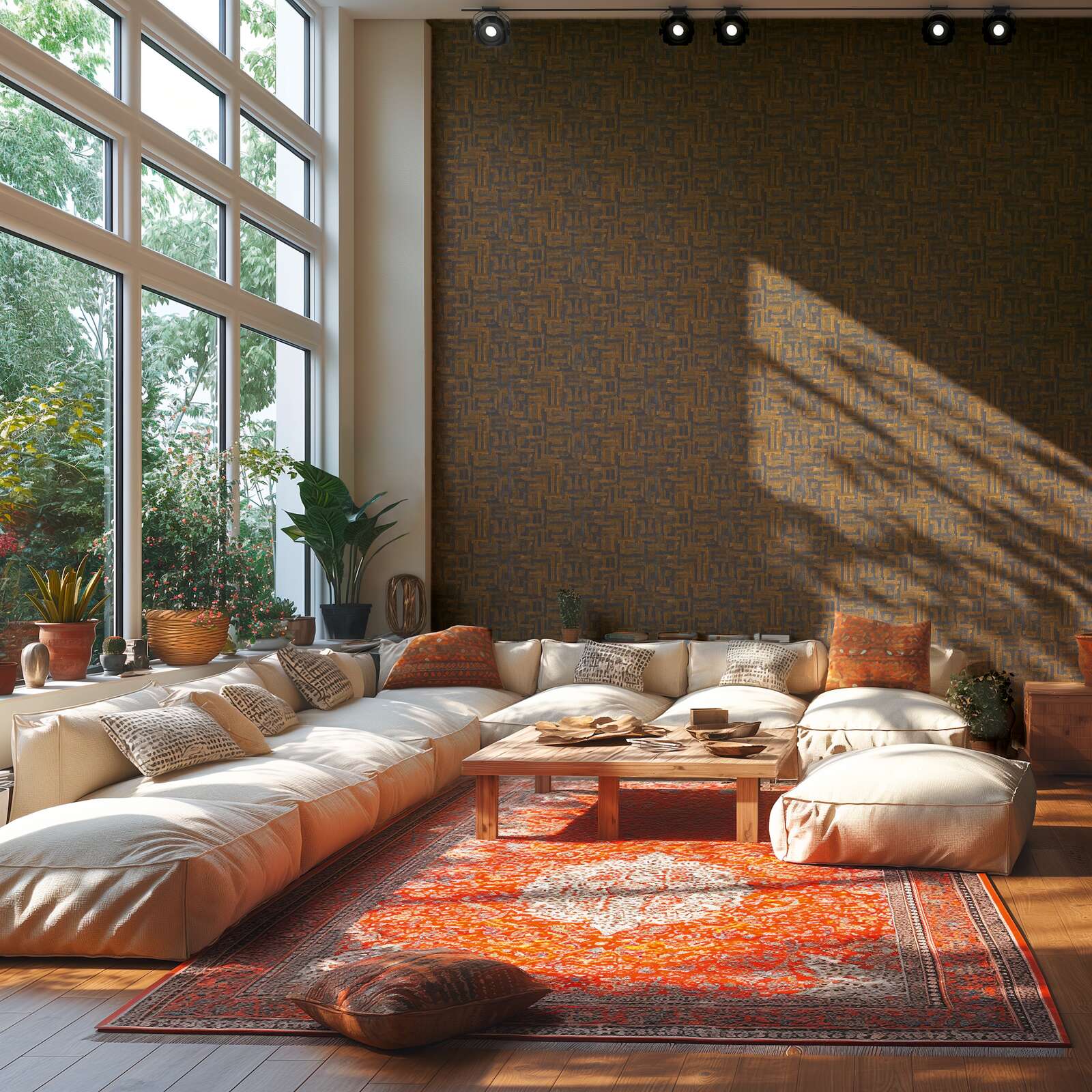 Modernas tapetes ar ģeometrisku koka motīvu melnā un brūnā tonī - idejas interjerām