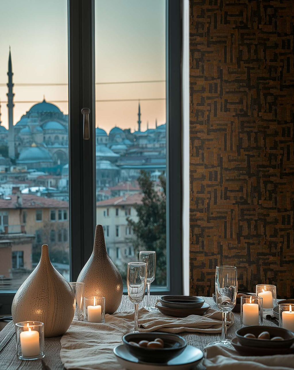 Brūni melnas tapetes ar izteiksmīgu koka iedvesmotu rakstu - istabas interjerā