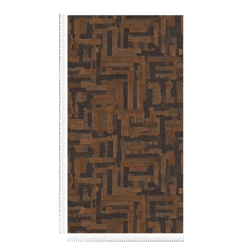 Brūni melnas tapetes ar izteiksmīgu koka iedvesmotu rakstu - kombinācija ar mebelēm