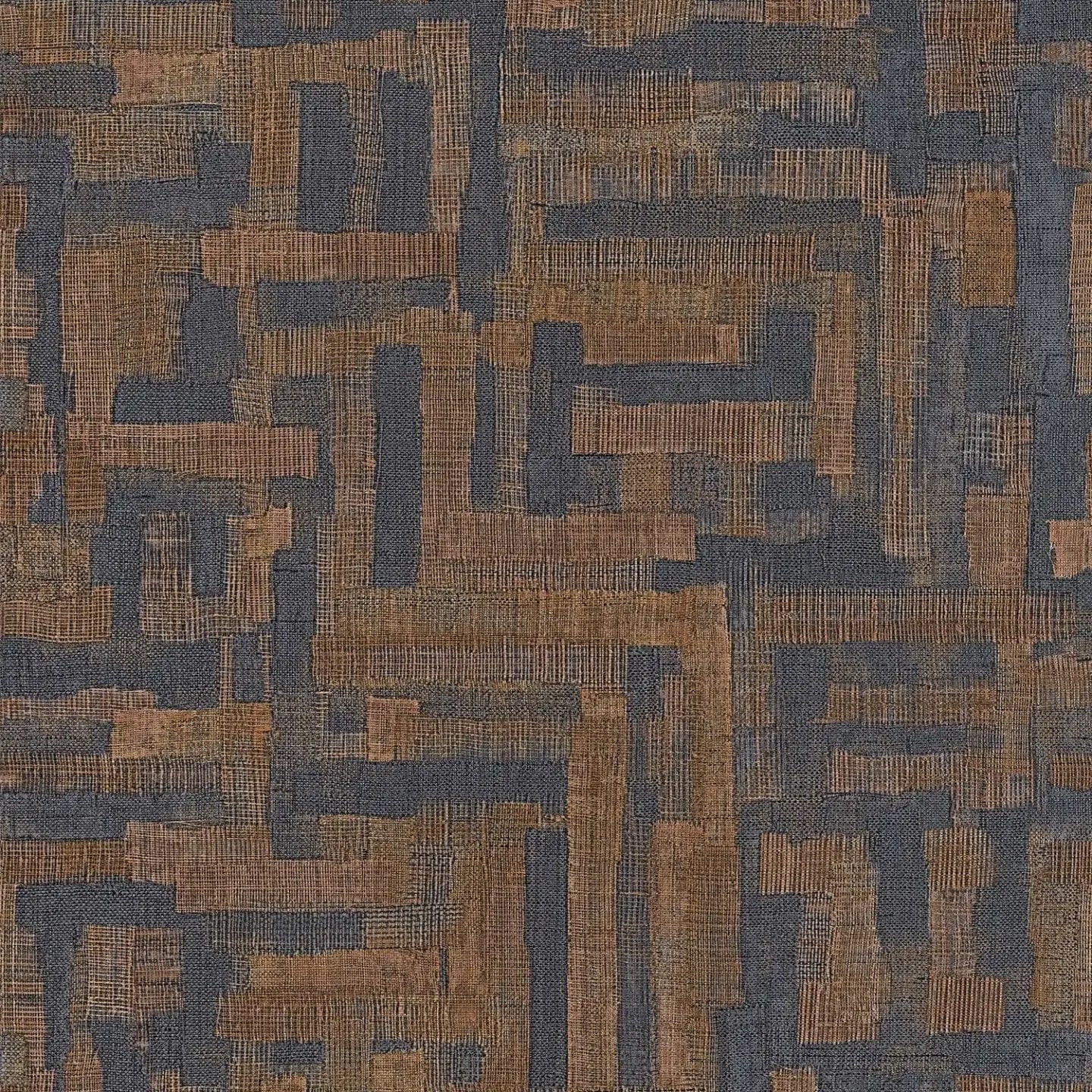 Tapetes ar ģeometrisku koka dizainu tumši zilā un brūnā krāsā - vizualizācija interjerā