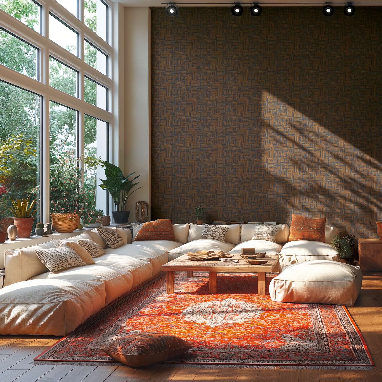 Tapetes ar ģeometrisku koka dizainu tumši zilā un brūnā krāsā - vizualizācija interjerā