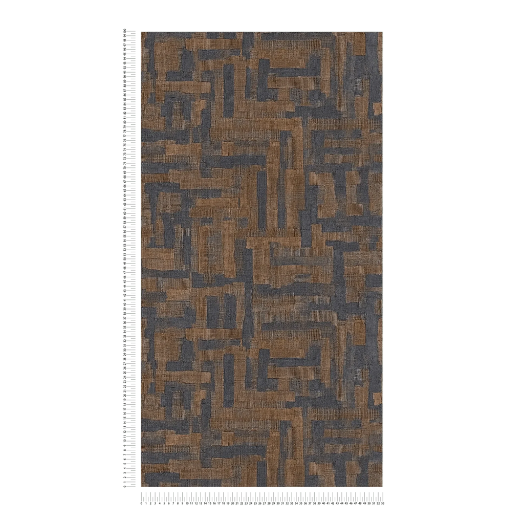 Tapetes ar ģeometrisku koka dizainu tumši zilā un brūnā krāsā - idejas interjerām