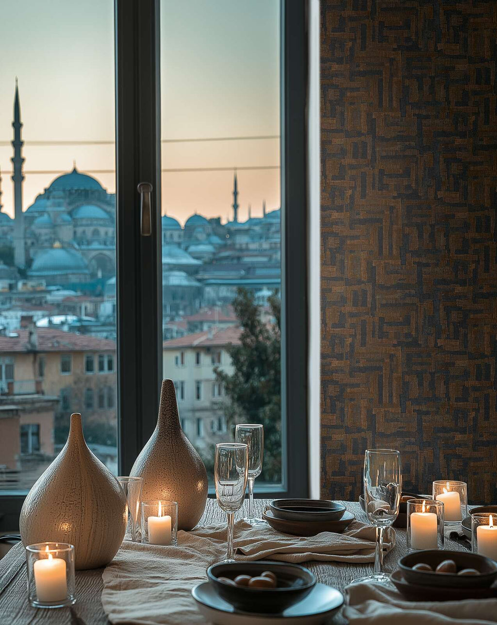 Tapetes ar ģeometrisku koka dizainu tumši zilā un brūnā krāsā - guļamistabas interjerā