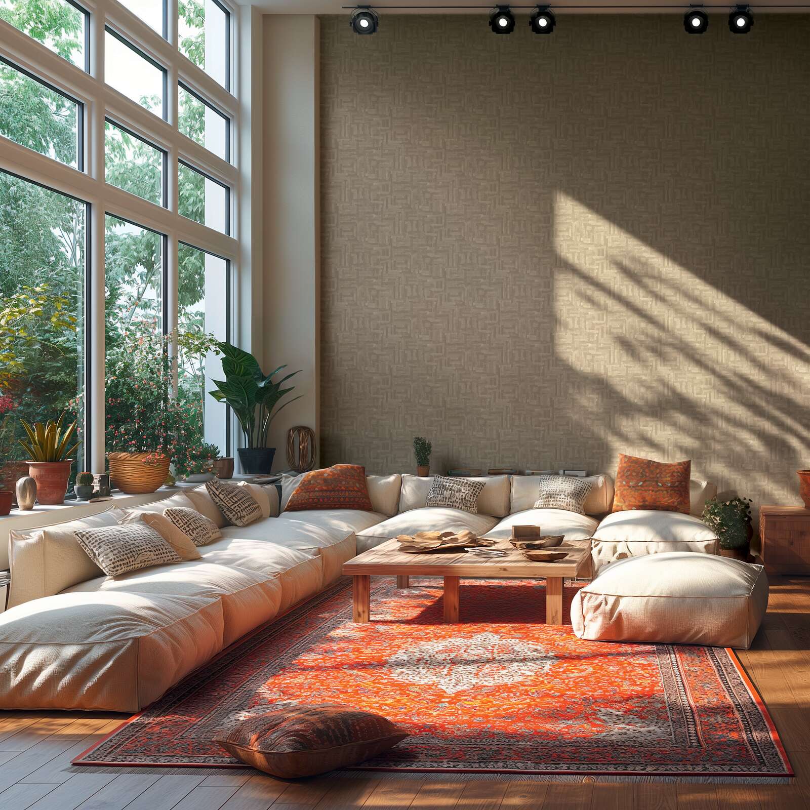 Brūnas tapetes ar stilizētu koka struktūras rakstu modernā stilā - viesistabas interjerā