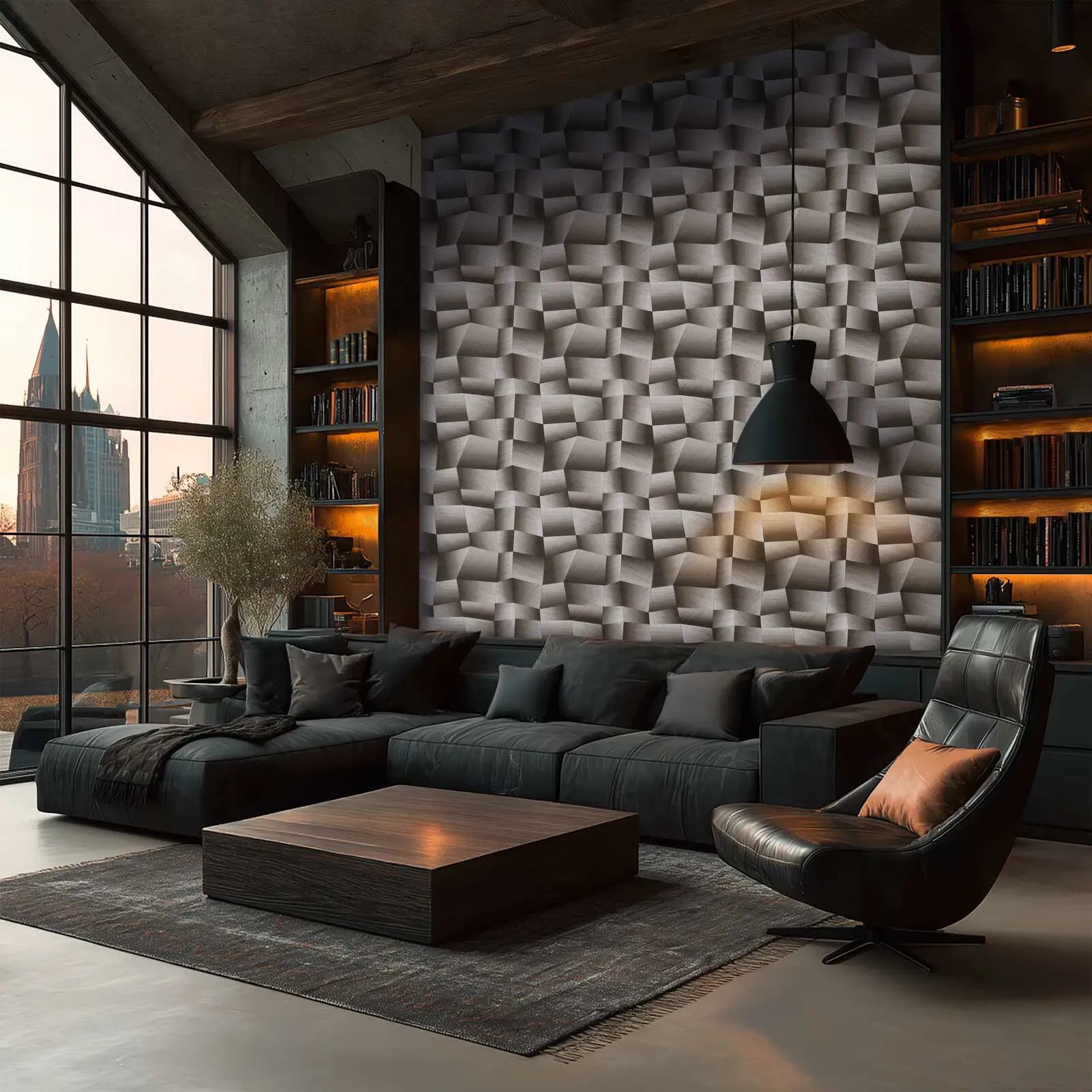 Pelēki melnas tapetes ar 3D ģeometrisku rakstu | 3012647