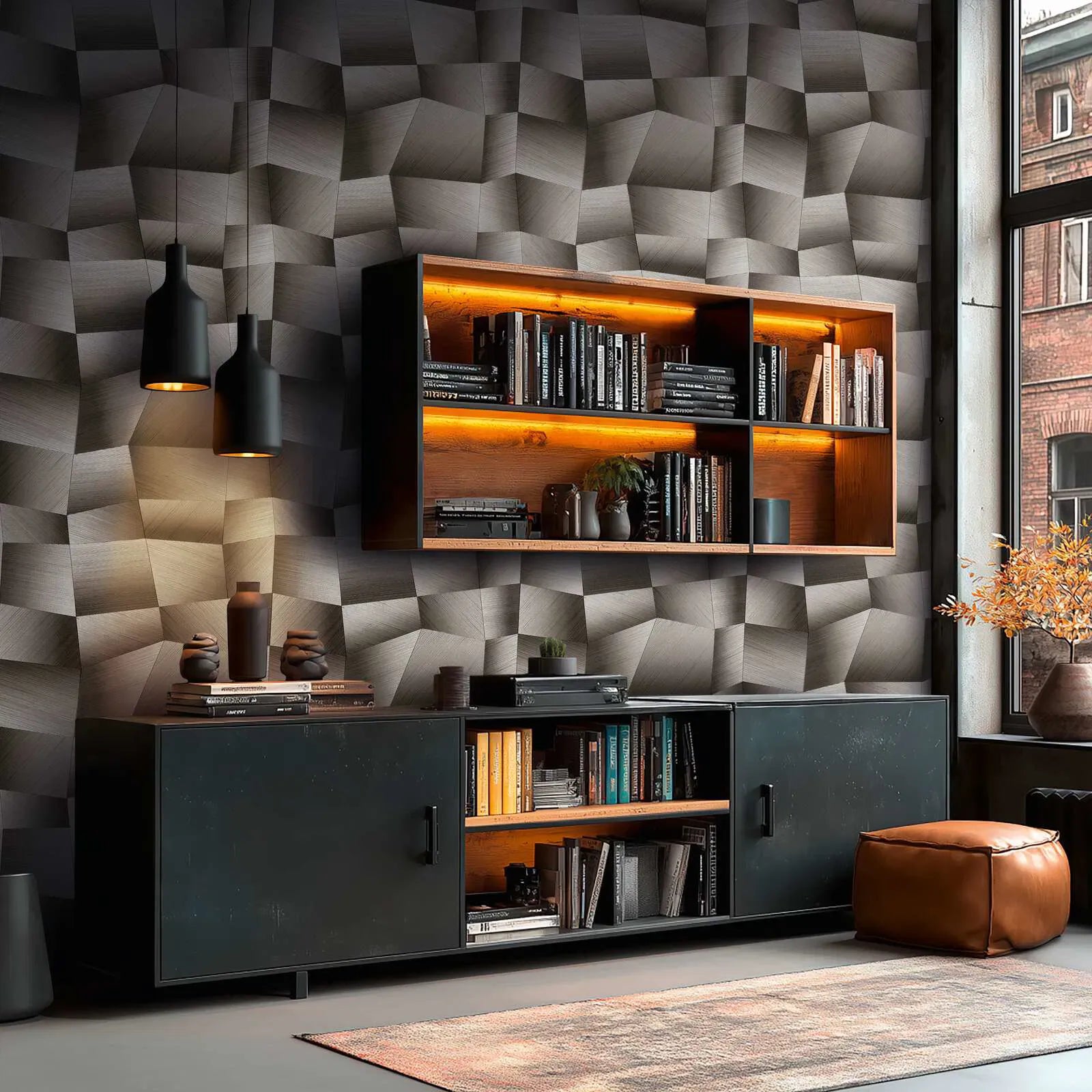 Pelēki melnas tapetes ar 3D ģeometrisku rakstu | 3012647