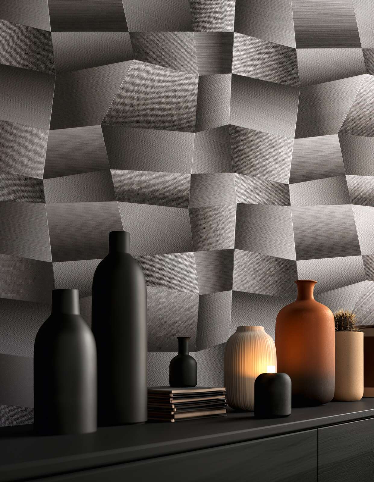 Pelēkas un melnas tapetes ar 3D ģeometrisko rakstu stilīgā guļamistabas interjerā. SKU: 3012647.