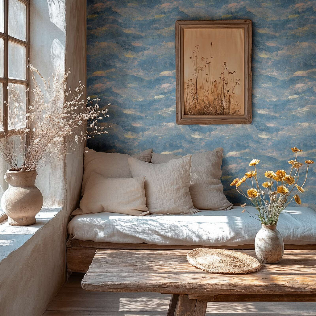 Viļņveida raksta tapetes tumši zilā ar zelta akcentiem - guļamistabas interjerā