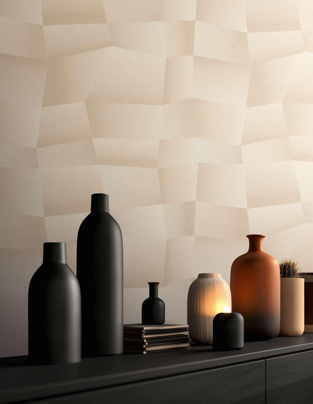 Bēšas mūsdienīgas tapetes ar ģeometrisku 3D tekstūru gaišā viesistabas interjerā. SKU: 3012646.