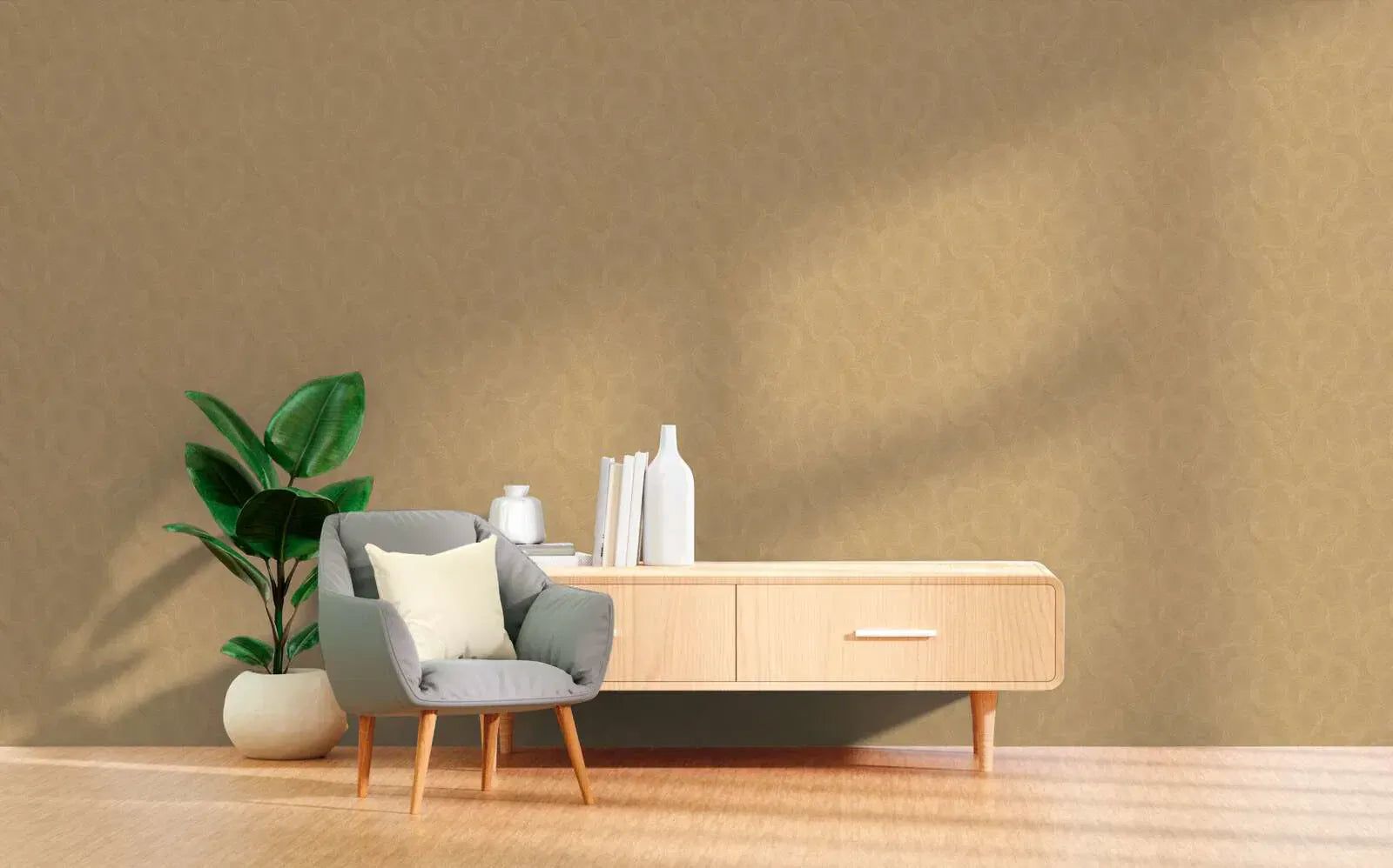 Brūnas abstraktas tapetes ar apļiem un metāliskiem akcentiem | 3010625