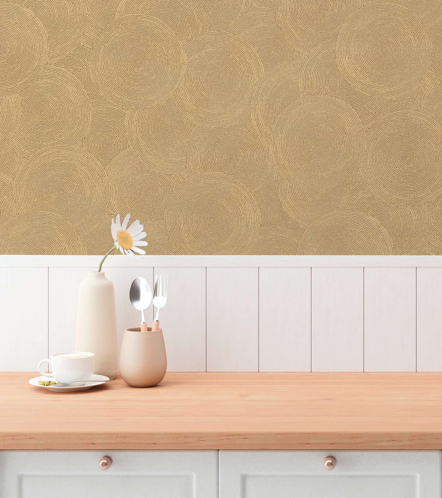 Brūnas abstraktas tapetes ar apļu rakstu un metāliskiem akcentiem modernā viesistabā. SKU: 3010625, AS Creation.