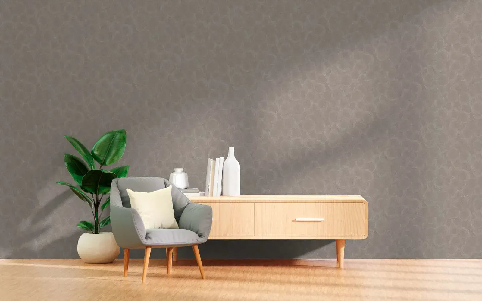 Brūnas tapetes ar apļu rakstu un mirdzošiem akcentiem | 3010624