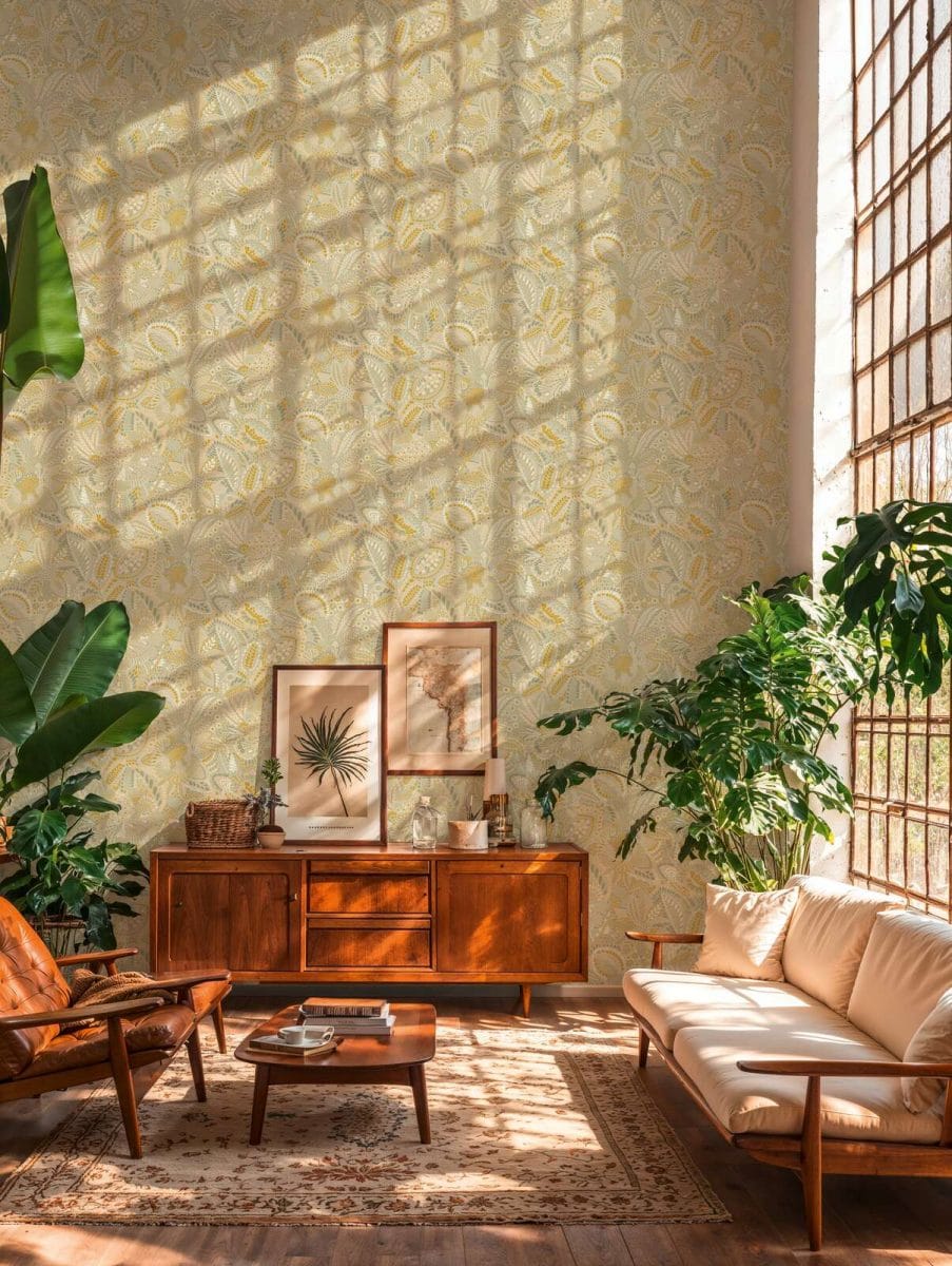 Bēšas un krēmkrāsas tapetes ar harmonisku augu un lapu motīvu klasiskā viesistabas interjerā. SKU: 2763736, AS Creation.