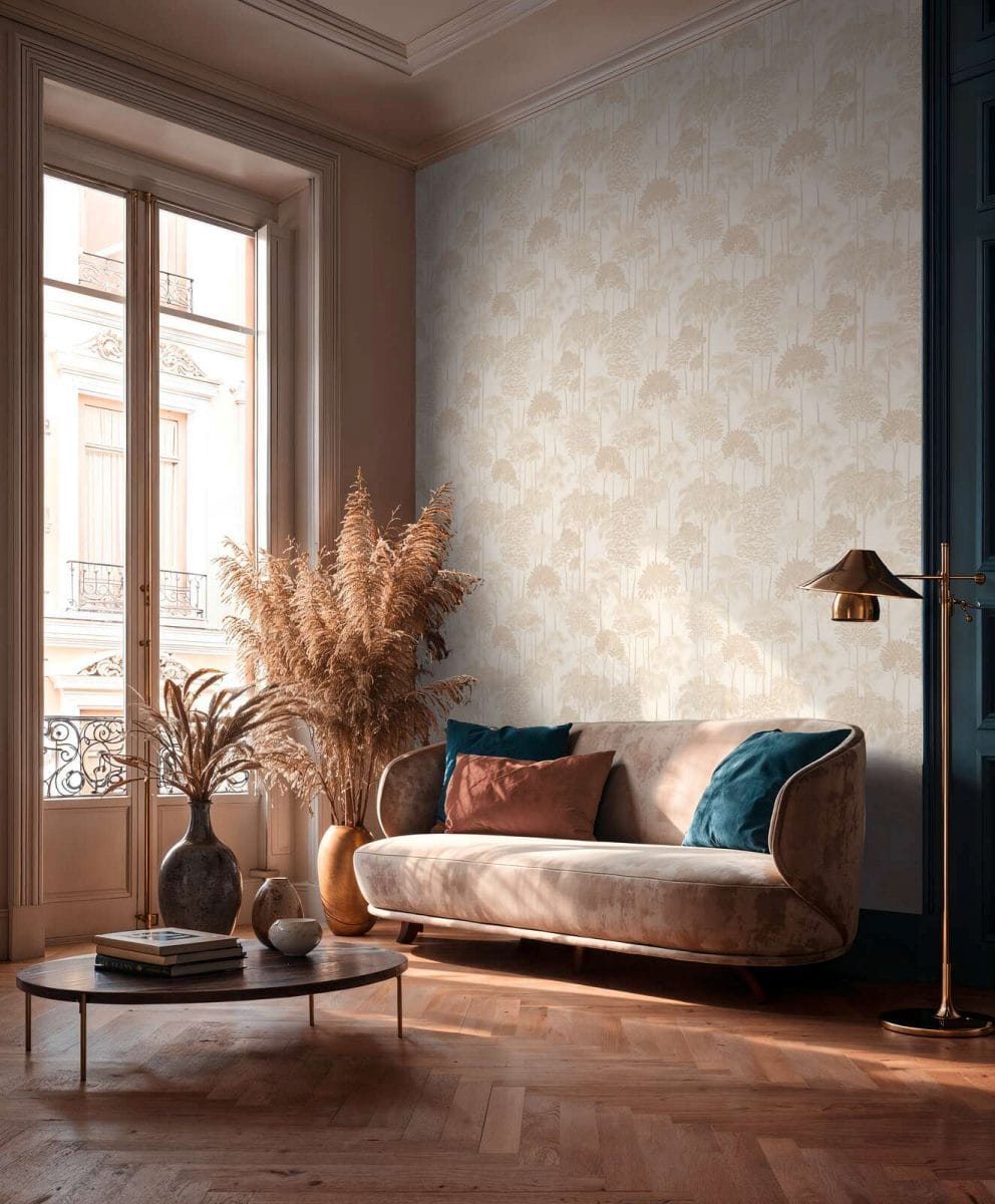 Krēmkrāsas palmu tapetes ar smalkām kontūrām un spīdumu | 3012105