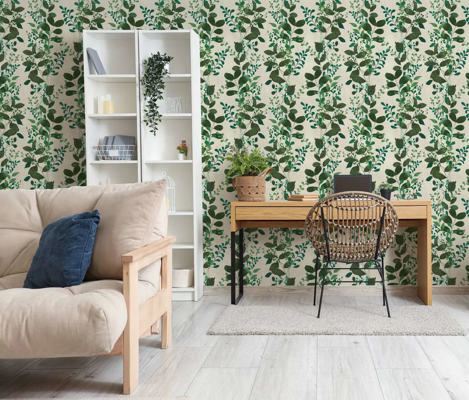Zaļas neaustas tapetes ar lapainiem zariem un matētu faktūru | 3012474