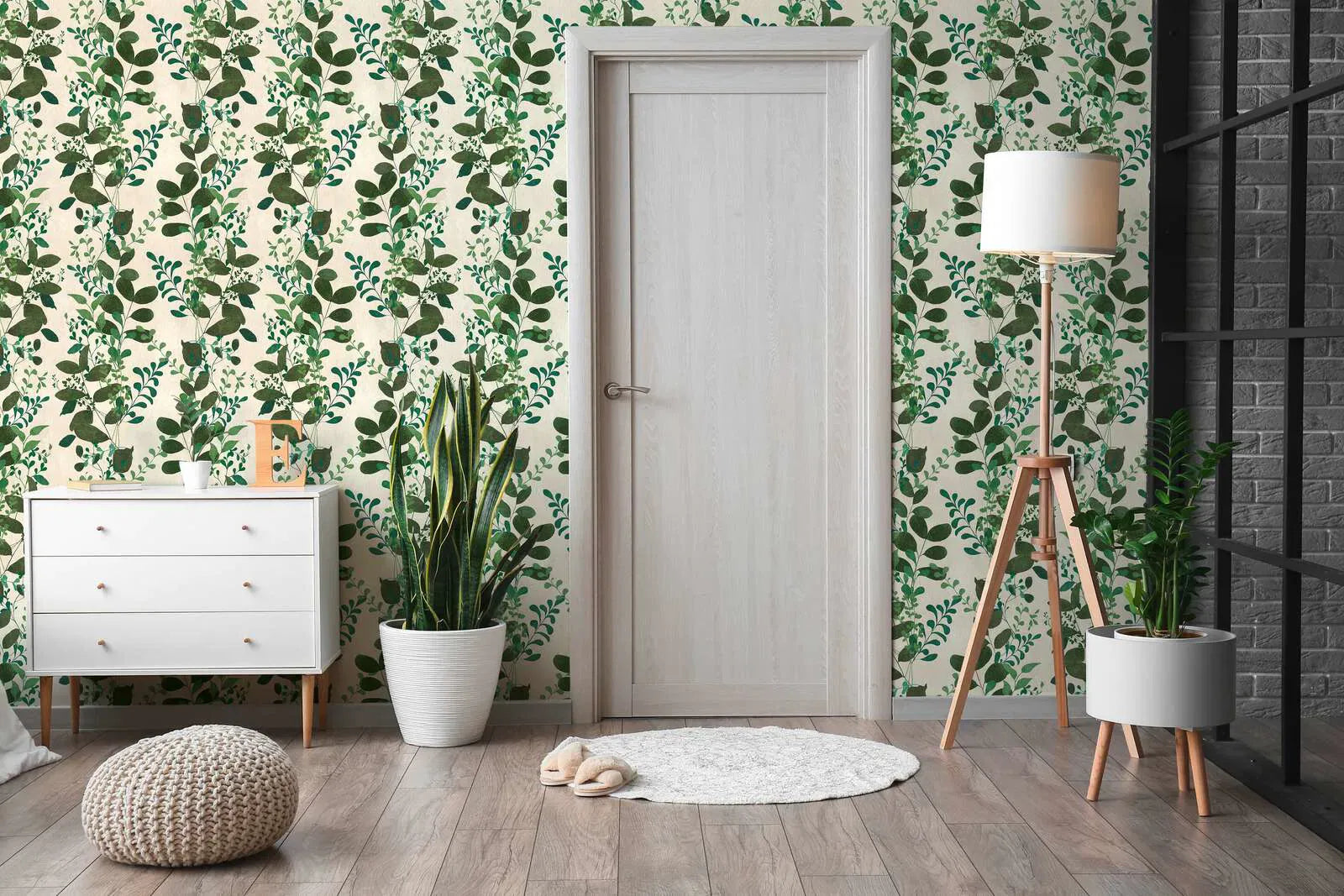 Zaļas neaustas tapetes ar lapainiem zariem un matētu faktūru | 3012474