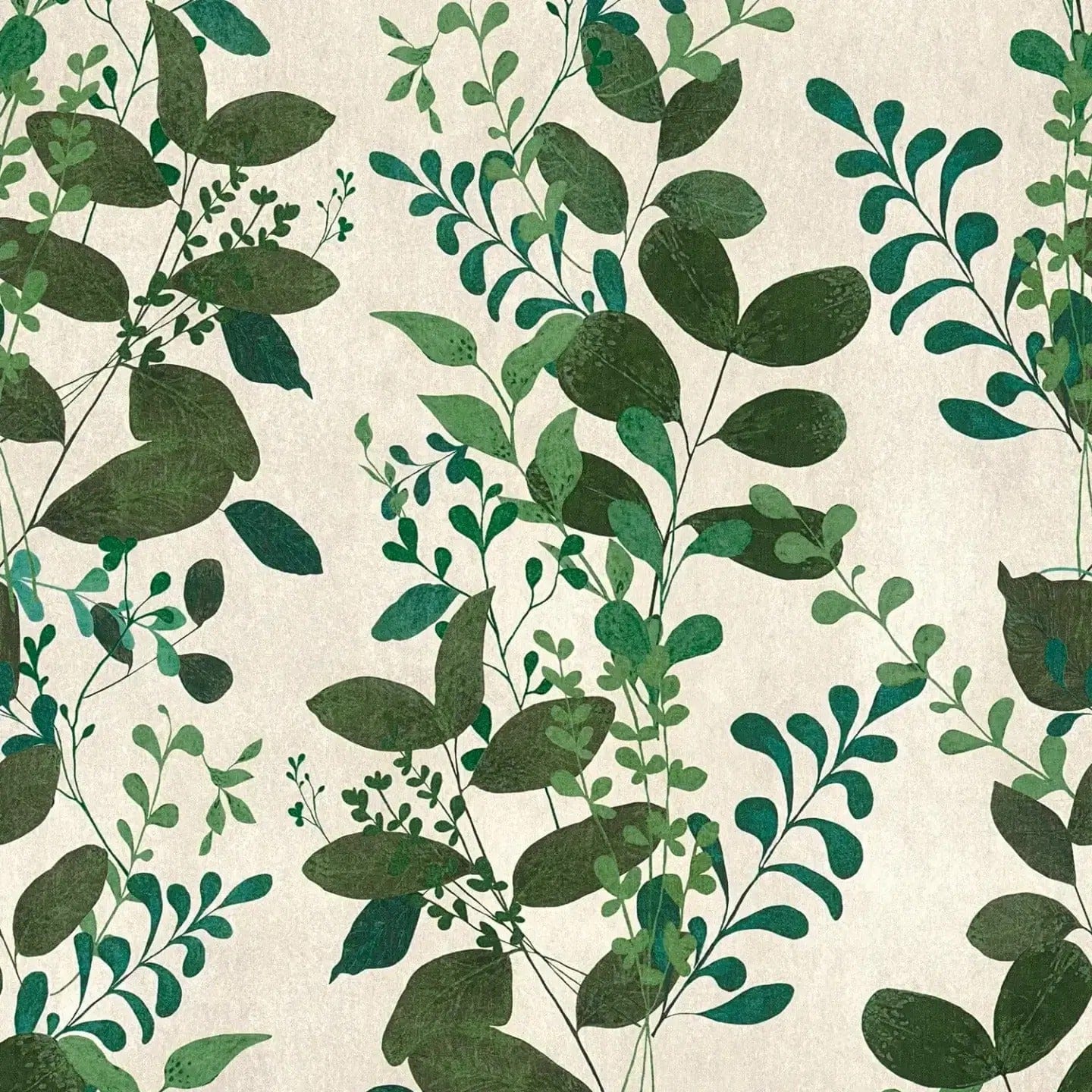 Zaļas neaustas tapetes ar lapainiem zariem un matētu faktūru | 3012474