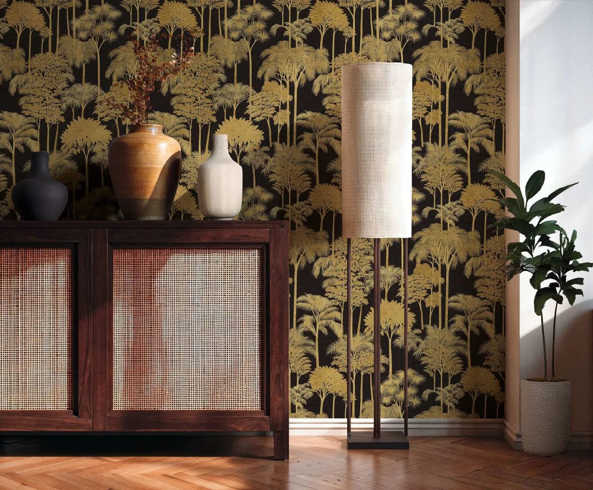 Tapetes ar palmu fonu, augu rakstu un spīdīgu virsmu | 3012107