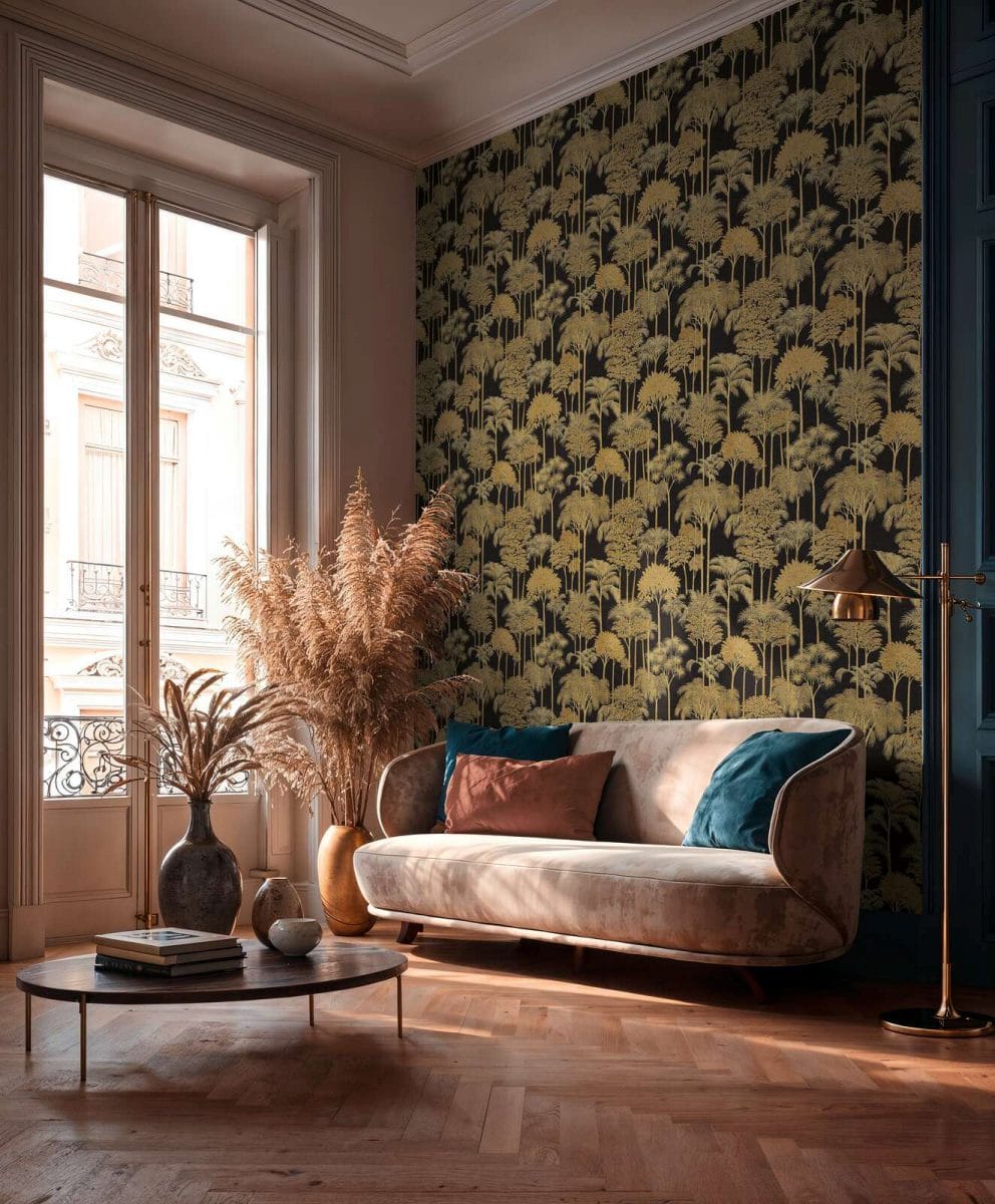 Tapetes ar palmu fonu, augu rakstu un spīdīgu virsmu | 3012107