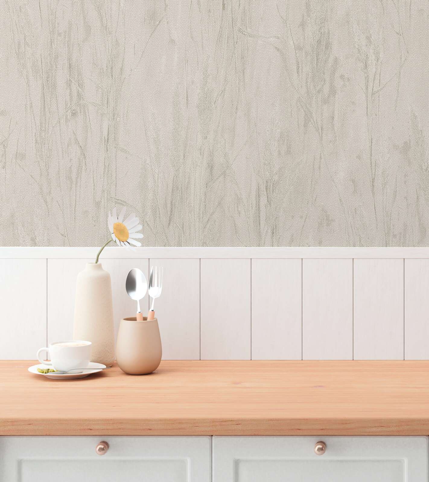 Pelēkas tapetes ar reljefu zāles dizainu mierīgā un modernā guļamistabas interjerā. SKU: 3010636, AS Creation.