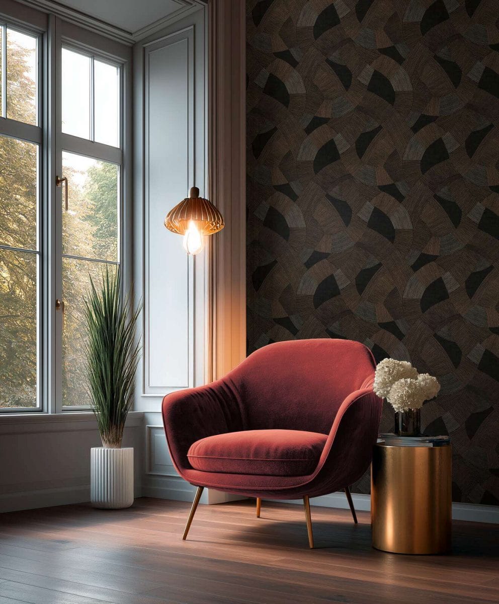 Melnas un brūnas tapetes ar stilizētu ģeometrisku rakstu drosmīgā guļamistabas interjerā. SKU: 3012065, AS Creation.