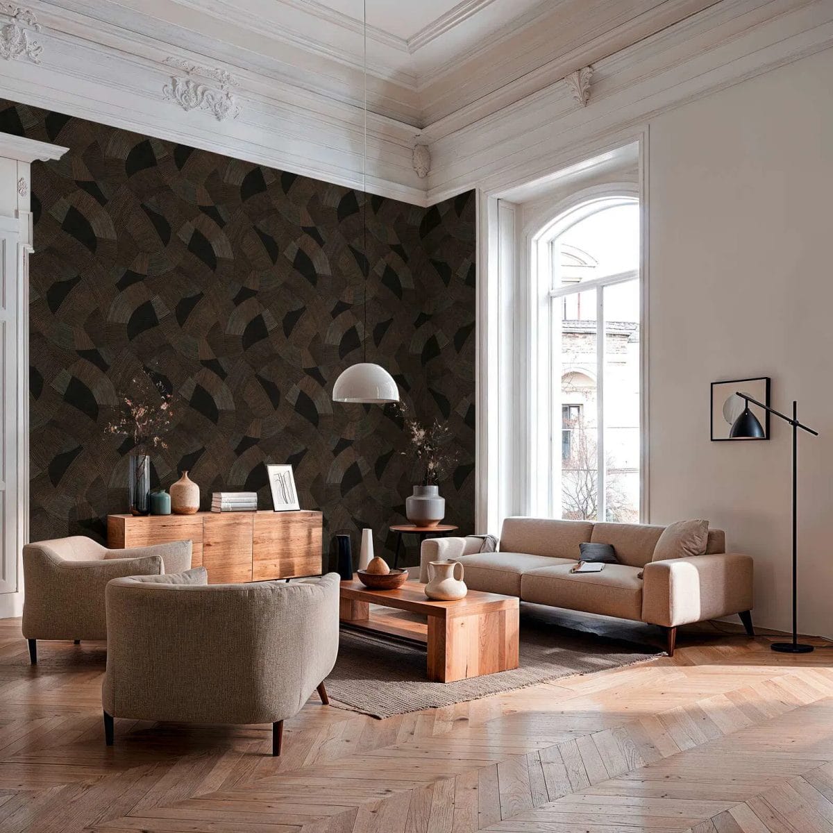 Melni brūnas tapetes ar ģeometrisku rakstu un spīdumu | 3012065