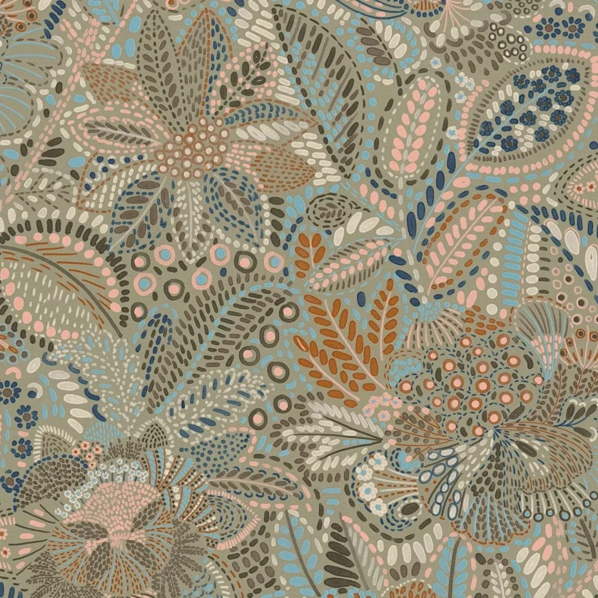 Zili pelēkas tapetes ar ziedu ornamentiem un matētu faktūru | 2763737