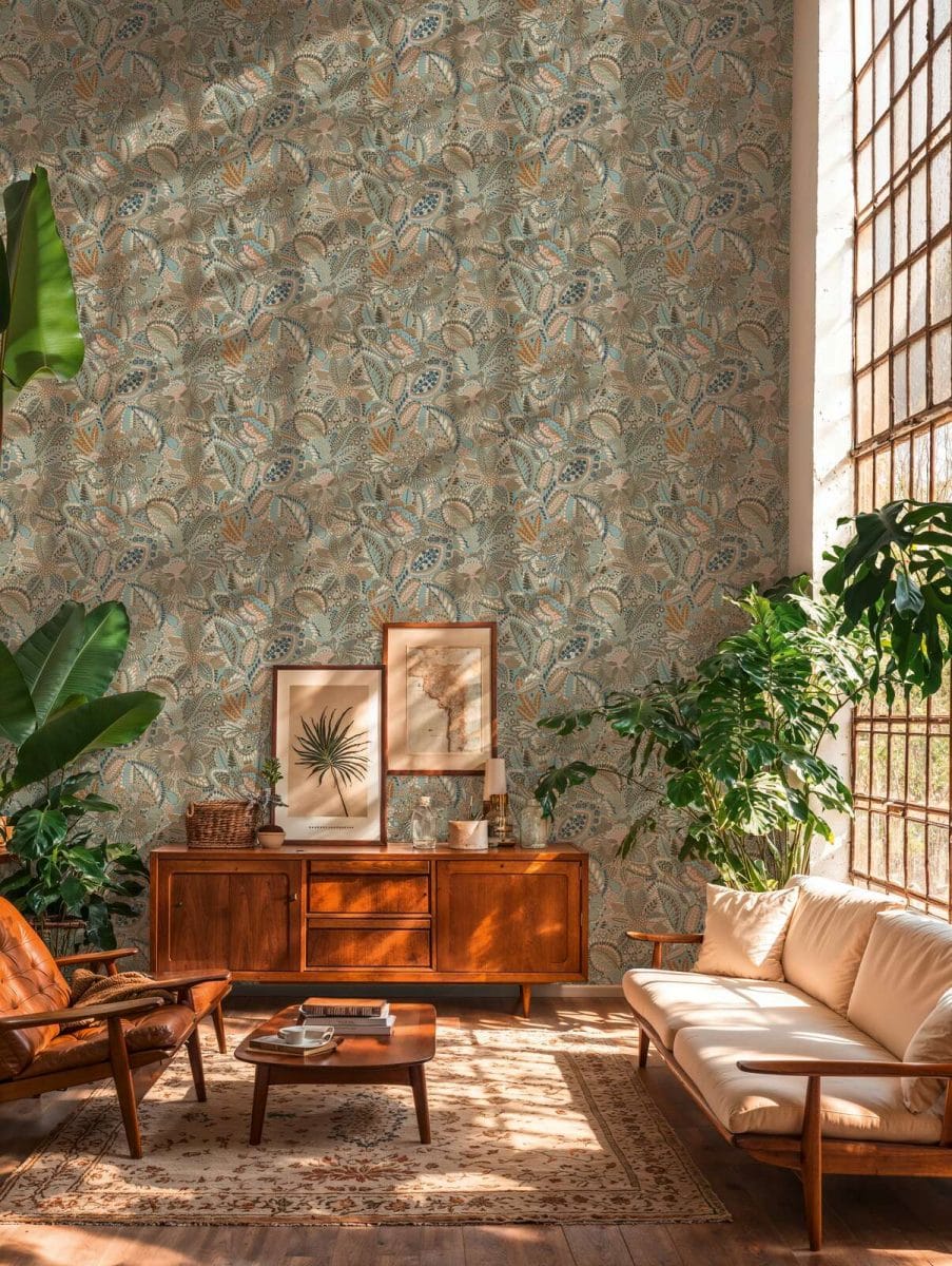 Zili pelēkas tapetes ar ziedu ornamentiem un matētu faktūru | 2763737