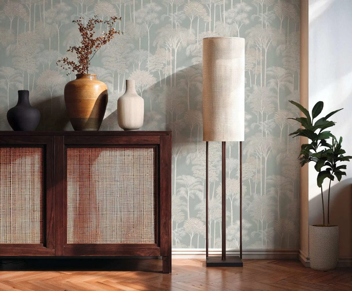 Zaļas tropiskās tapetes ar palmu koku motīviem un spīdumu | 3012106