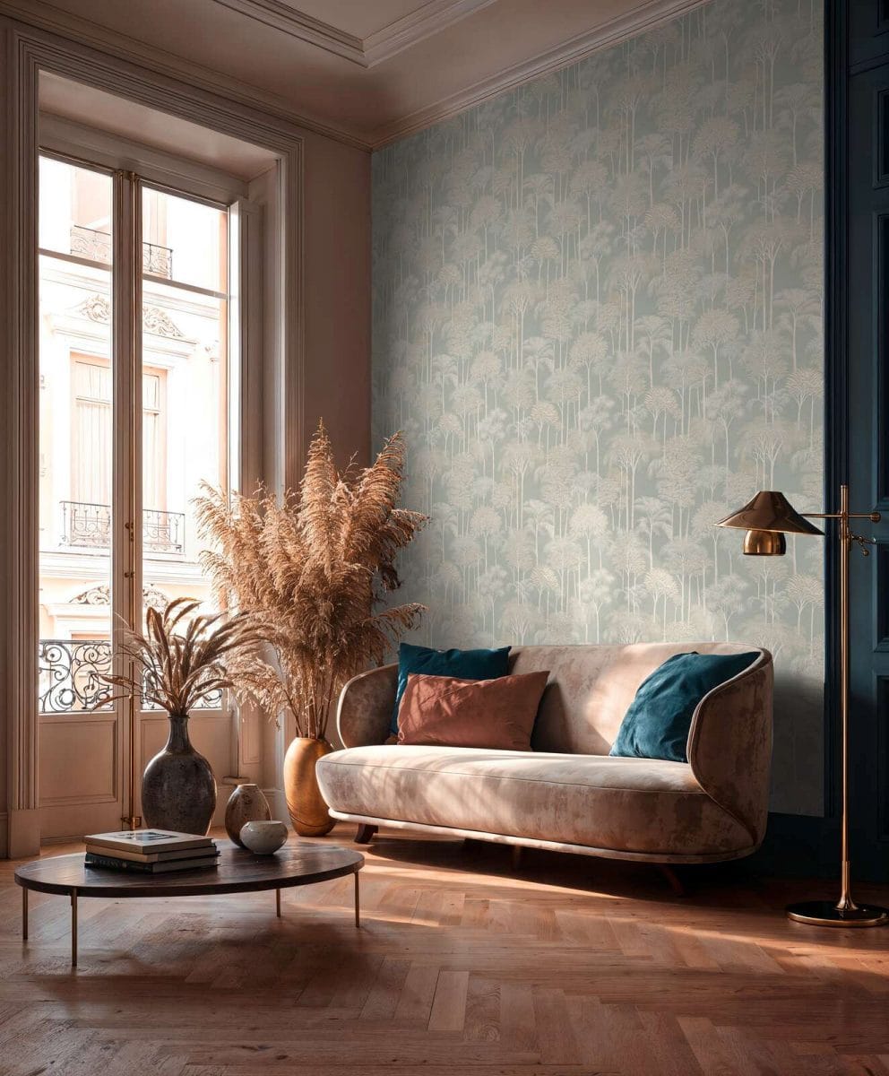 Zaļas tropiskās tapetes ar palmu koku motīviem un spīdumu | 3012106