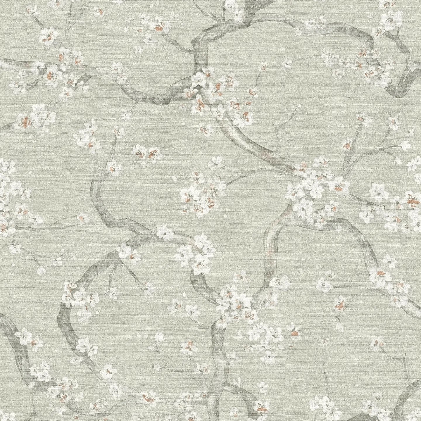 Zaļi pelēkas tapetes ar delikātu ķiršu ziedu rakstu un tekstūru - guļamistabas interjerā