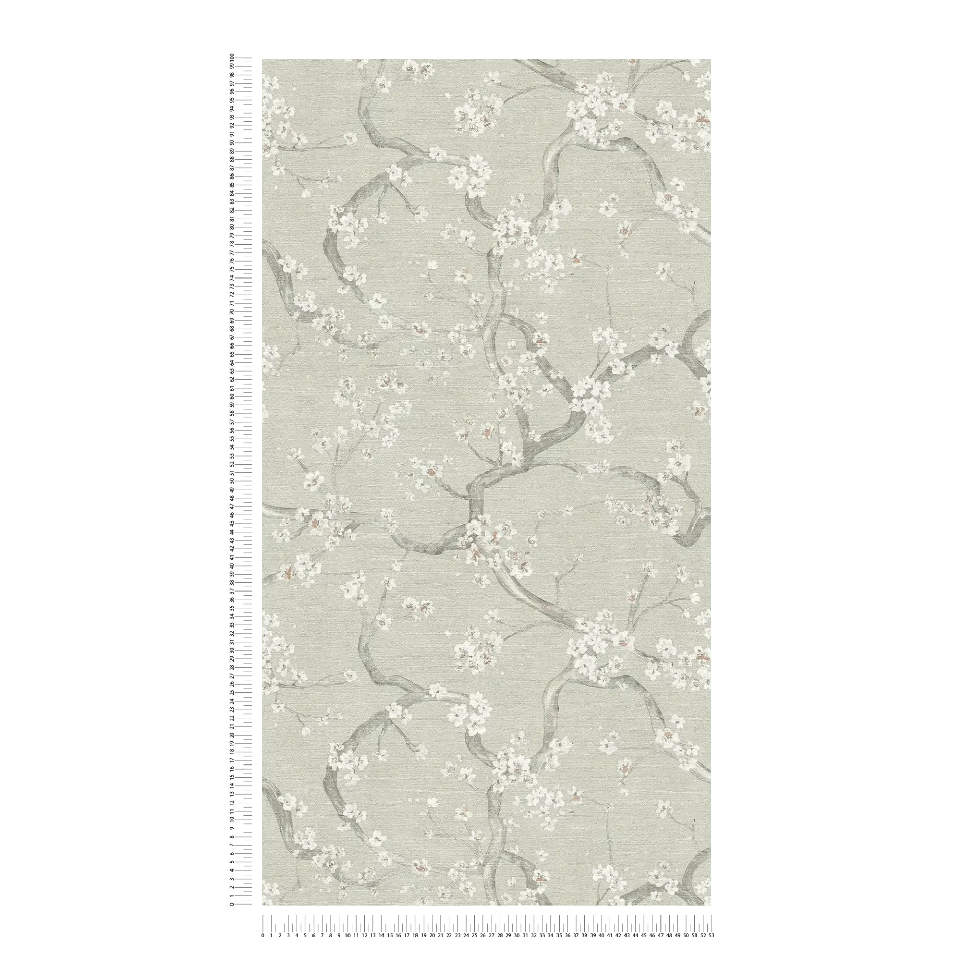 Zaļi pelēkas tapetes ar delikātu ķiršu ziedu rakstu un tekstūru - viesistabas interjerā