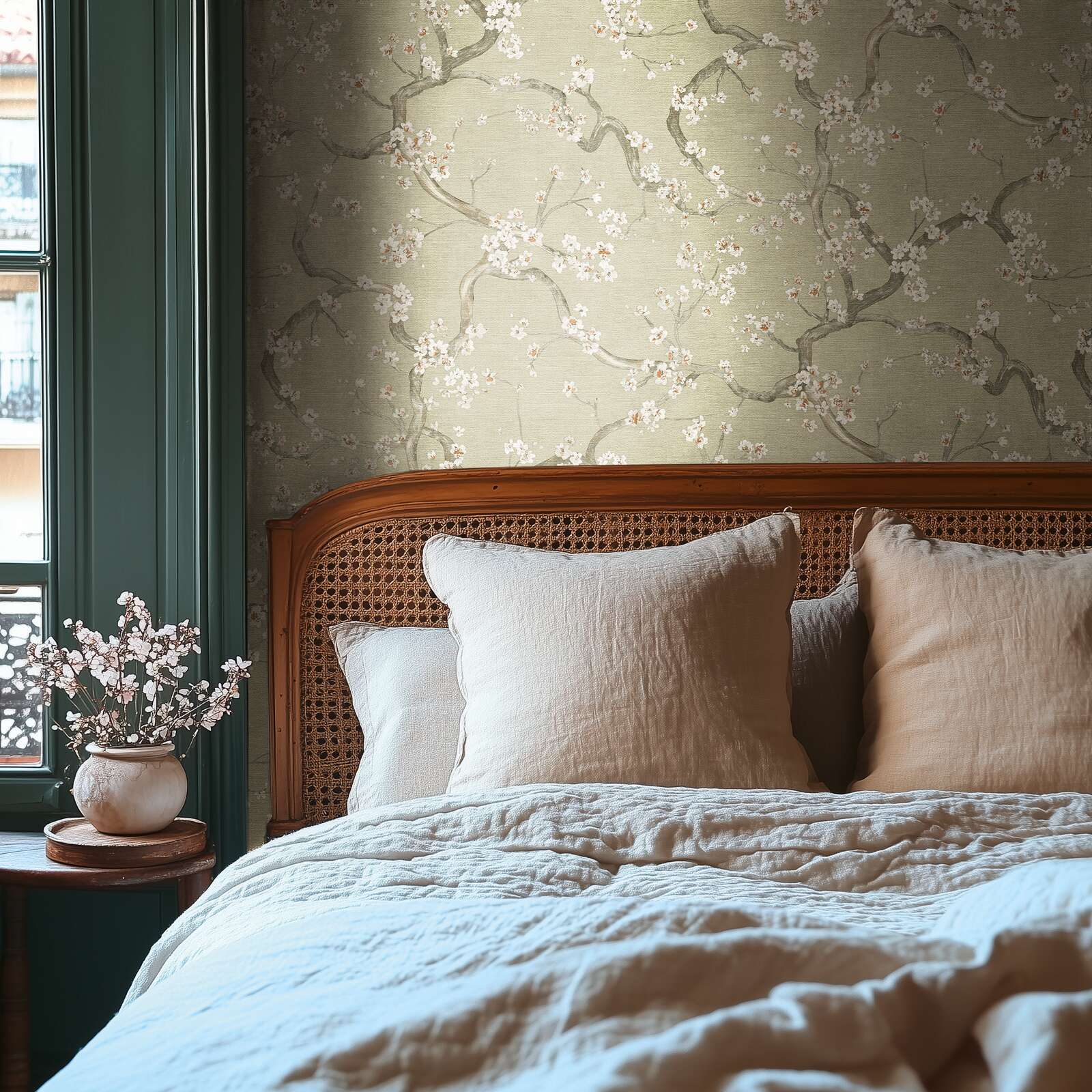 Zaļi pelēkas tapetes ar delikātu ķiršu ziedu rakstu un tekstūru - idejas interjerām