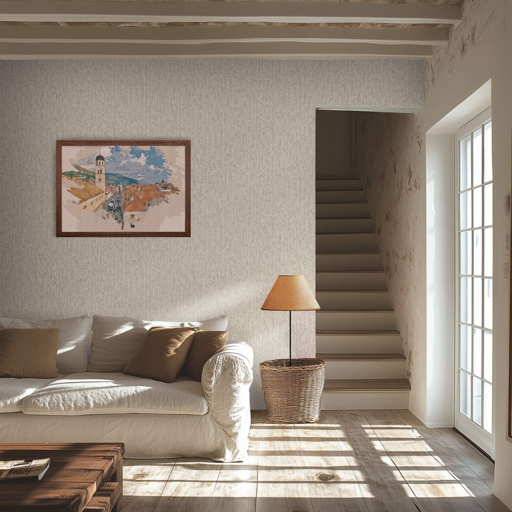 Pelēkas tapetes ar elegantu zeltainu tekstūras efektu - vizualizācija interjerā