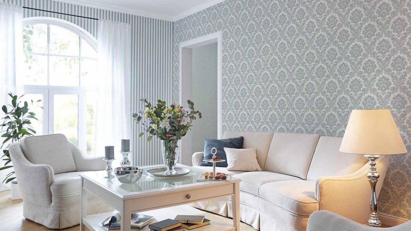 Strīpainas tapetes, baltā un zilā krāsā, RASCH, 570328, Trianon XIII