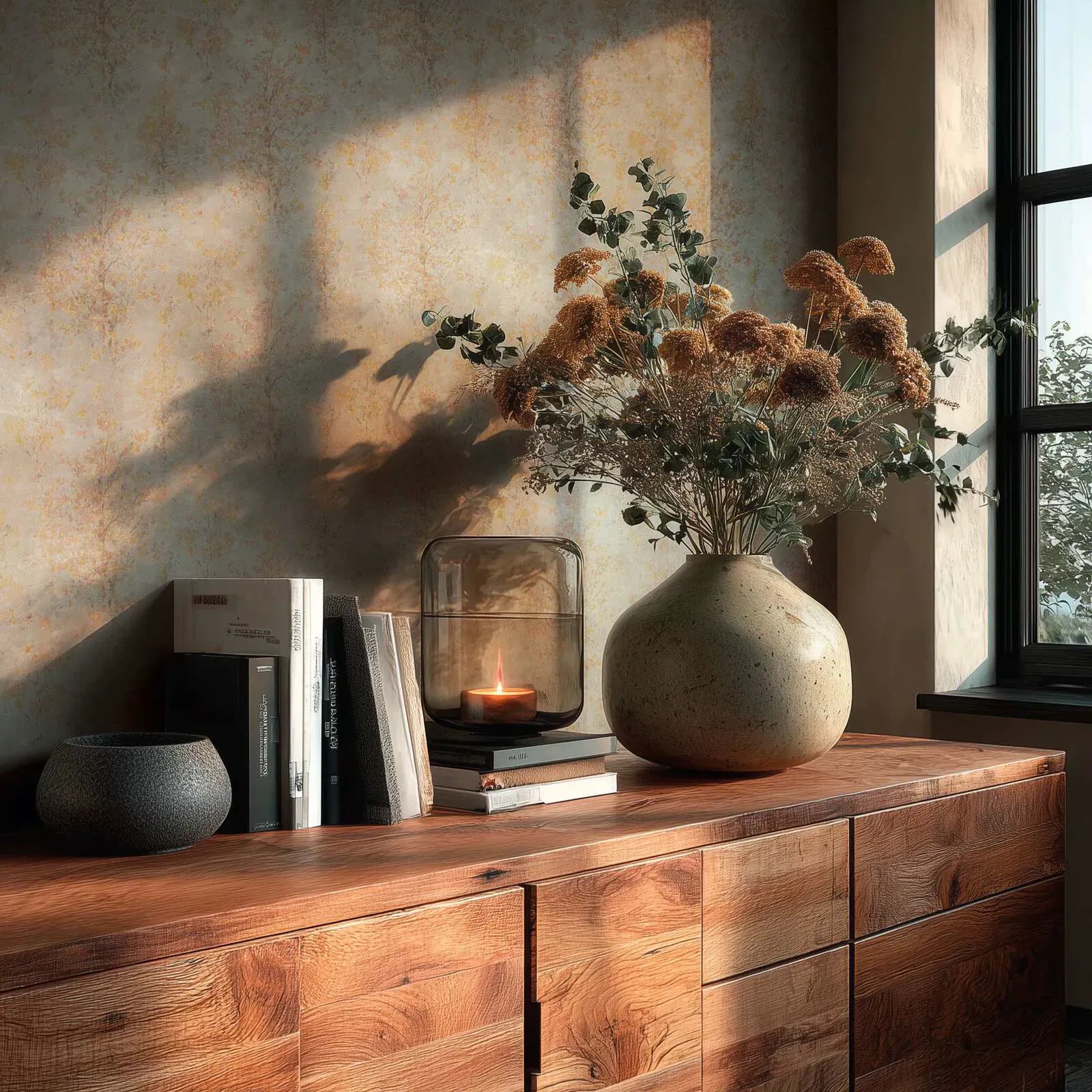 Brūnas tapetes ar stilizētu koka motīvu klasiskā viesistabas interjerā. SKU: 3012705.