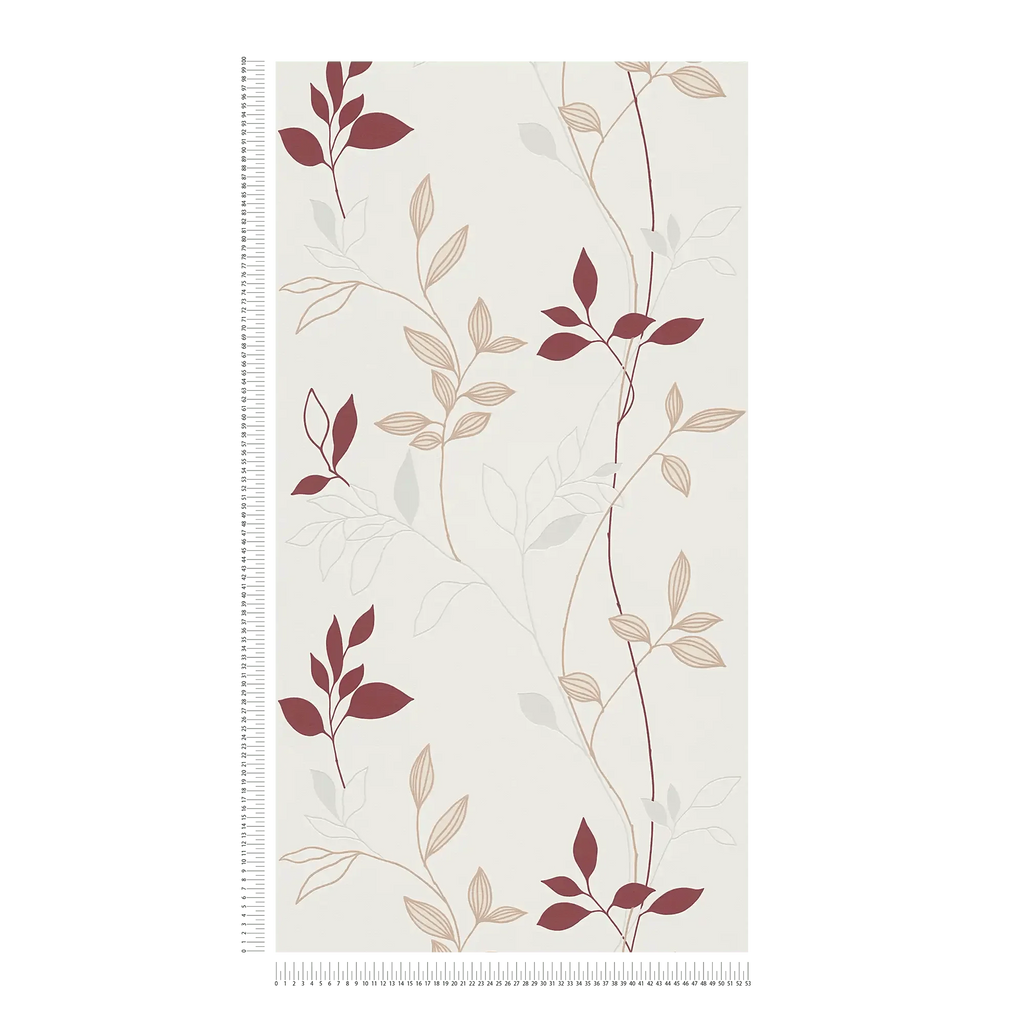 Reljefas tapetes ar lapu rakstu un sarkaniem akcentiem dabiskai un raksturīgai sienu apdarei