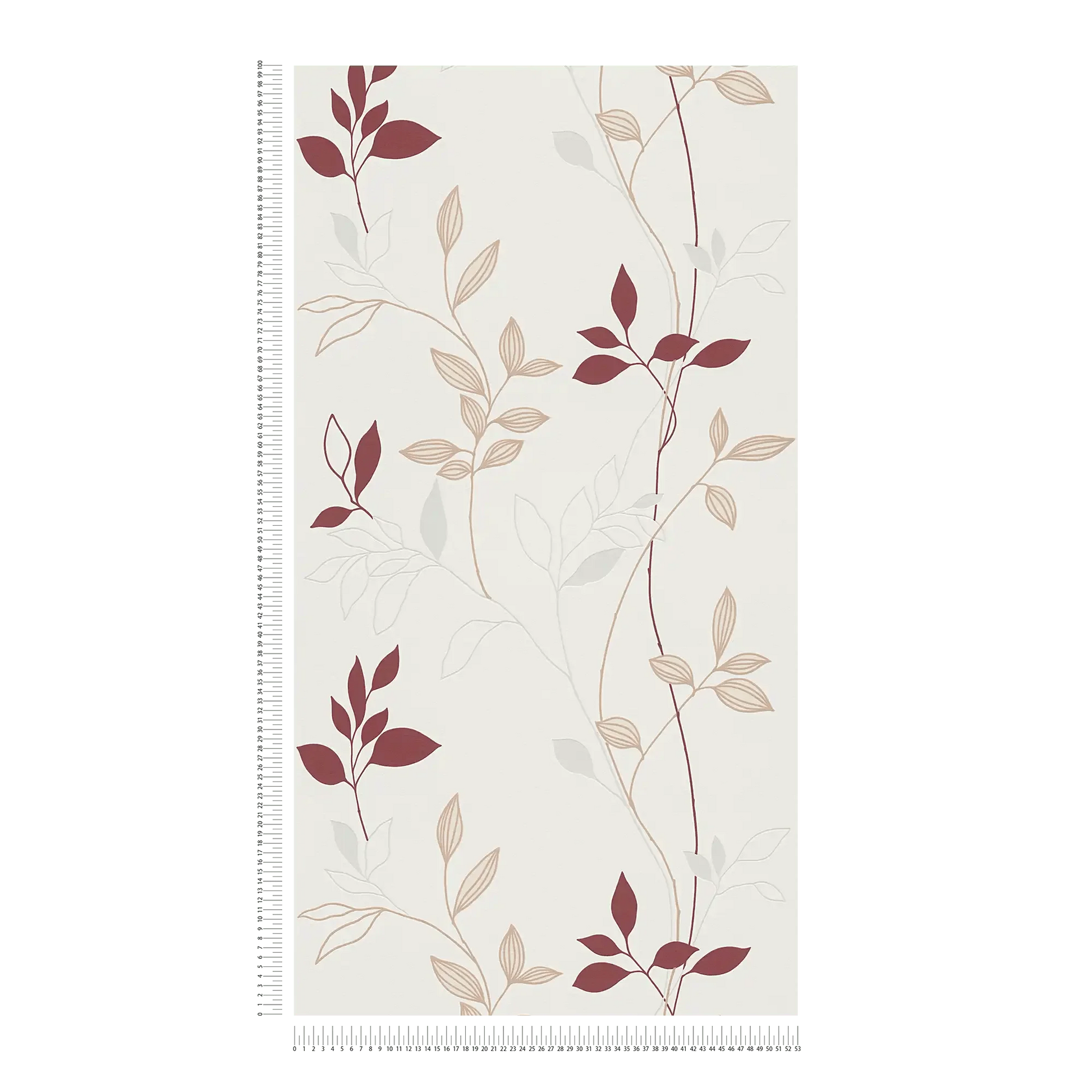 Reljefas tapetes ar lapu rakstu un sarkaniem akcentiem dabiskai un raksturīgai sienu apdarei