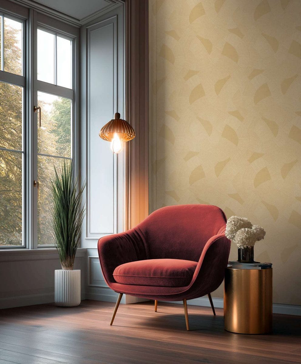 Dzeltenbrūnas abstraktas tapetes ar smalkām līnijām un spīdumu | 3012064