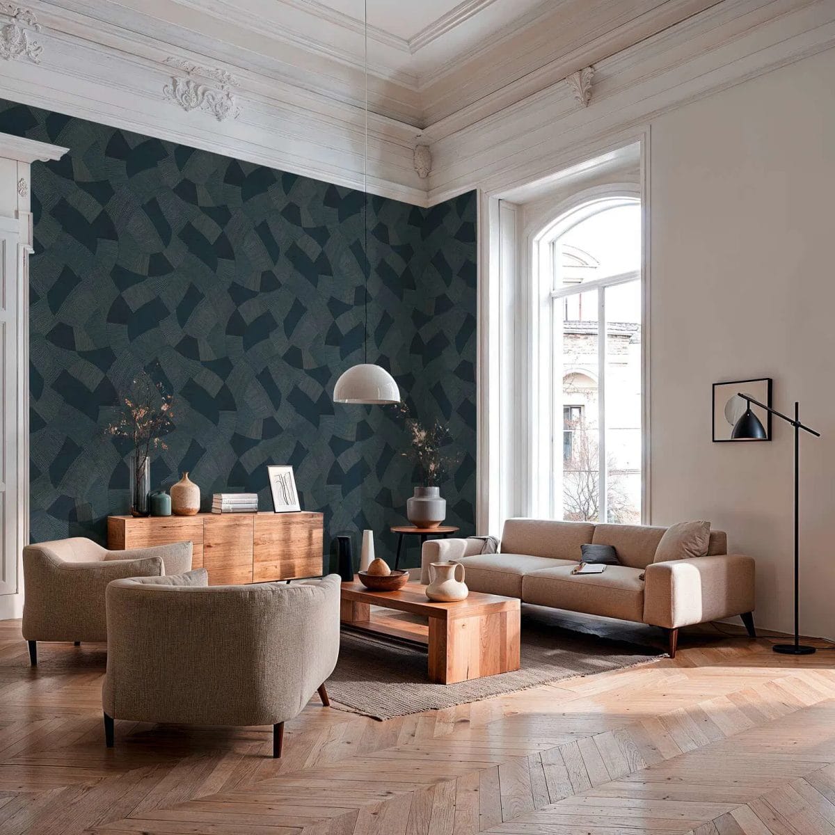 Tumši zilas abstraktas tapetes ar līnijām un spīdumu | 3012063