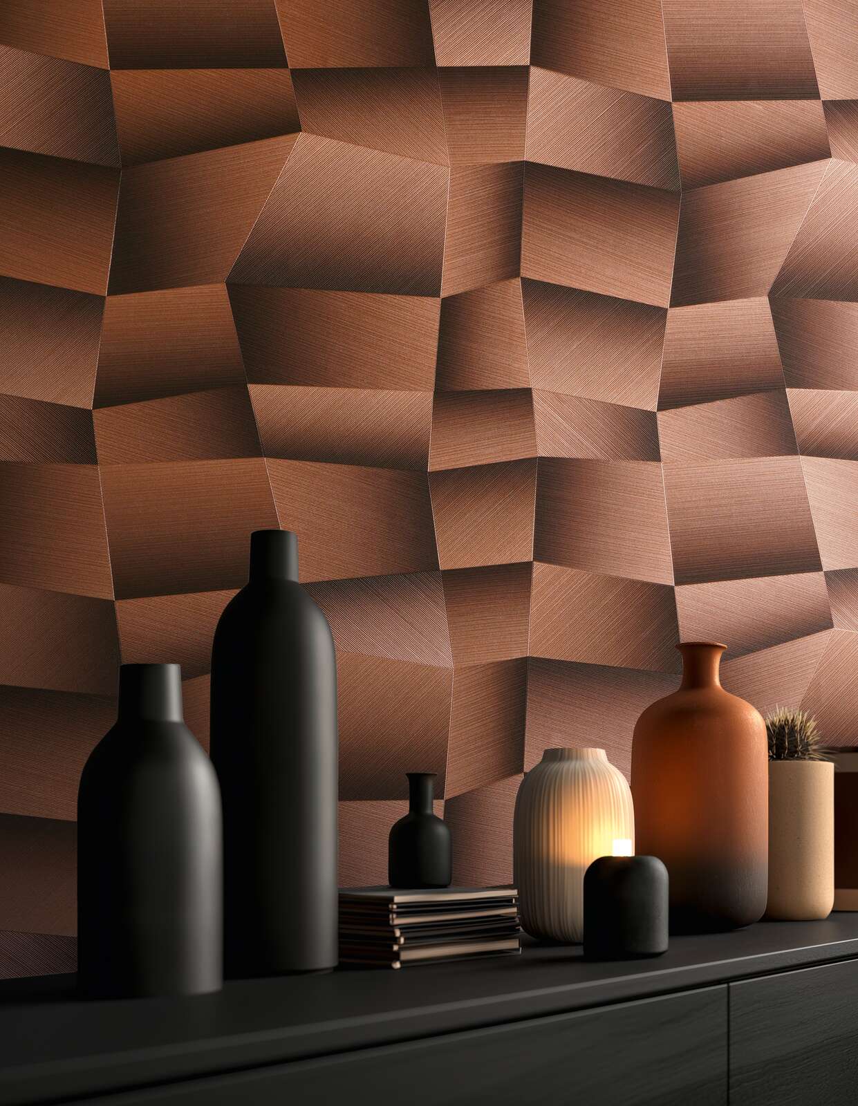 Brūnas tapetes ar 3D ģeometrisku dizainu un tekstūru mūsdienīgā guļamistabas interjerā. SKU: 3012643.