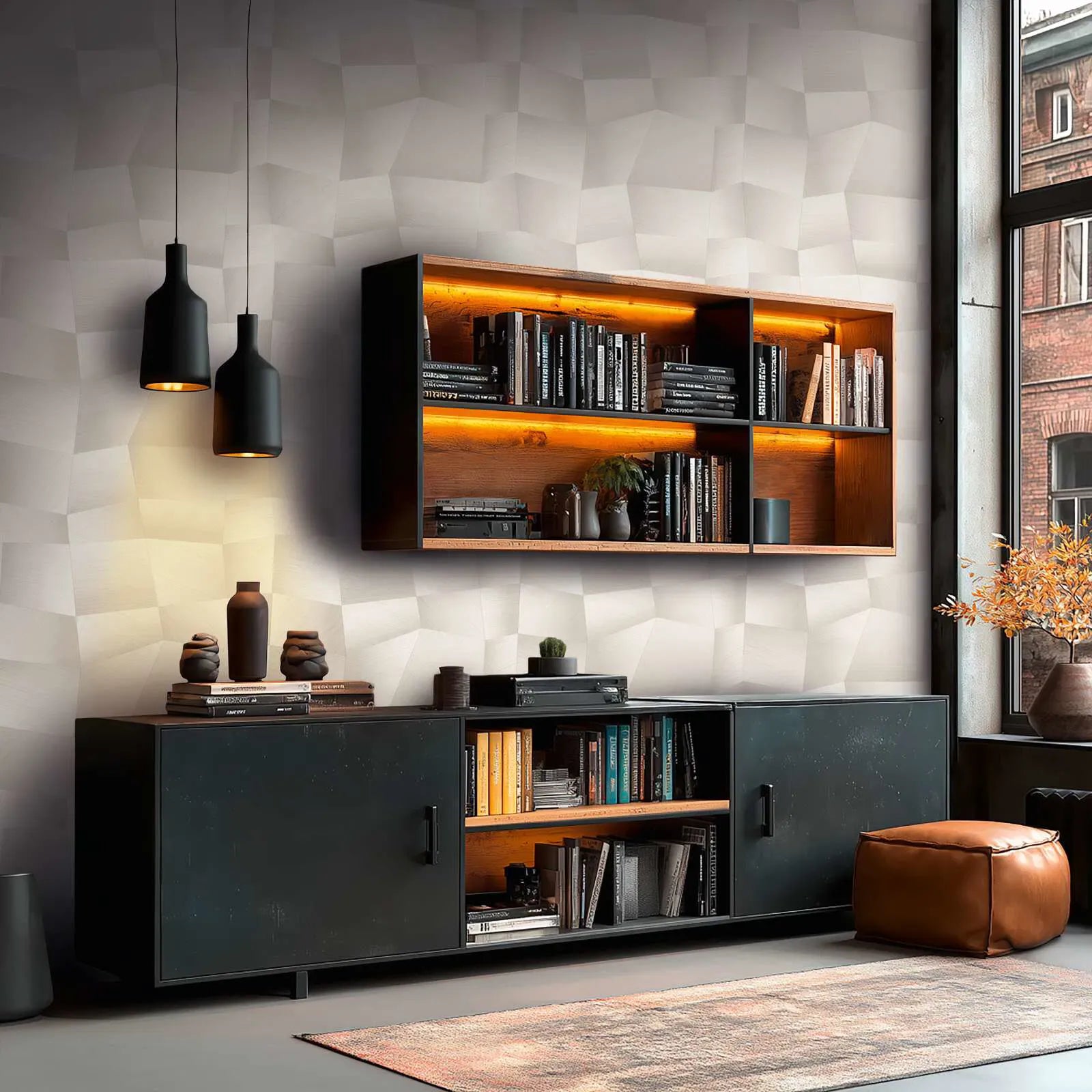 Silti pelēkas tapetes ar abstraktu 3D teksturētu efektu modernā guļamistabas interjerā. SKU: 3012645.