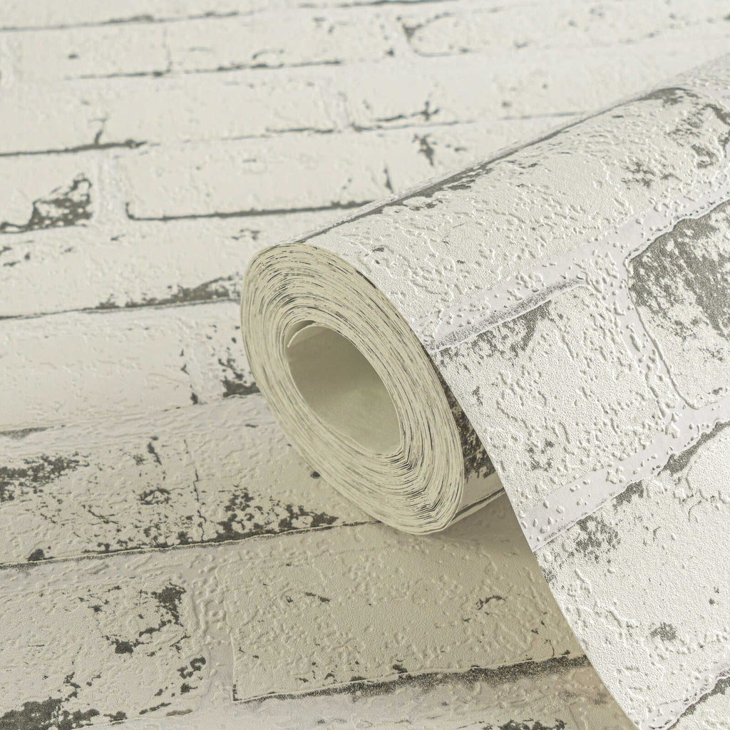 Pelēkas tapetes ar ķieģeļu un akmens imitāciju modernam sienas efektam