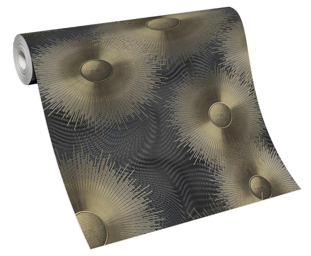 Melnas un zelta tapetes ar izteiksmīgu ģeometrisko dizainu un apļveida motīviem, 3706353, kabinetām - interjers 5