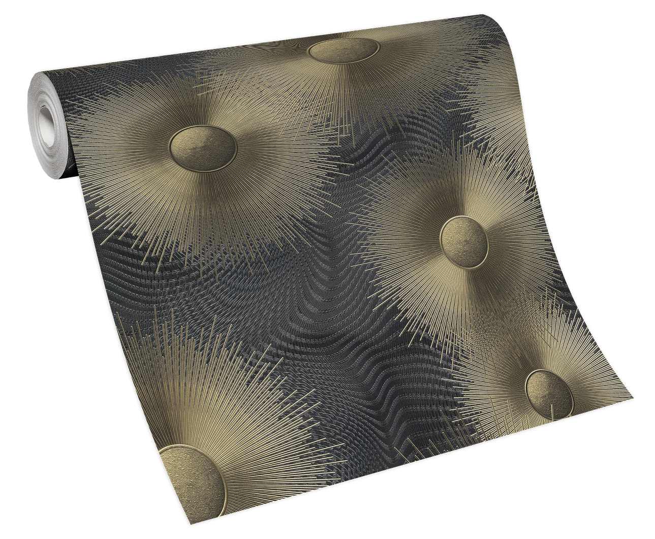 Melnas un zelta tapetes ar izteiksmīgu ģeometrisko dizainu un apļveida motīviem, 3706353, kabinetām - interjers 5