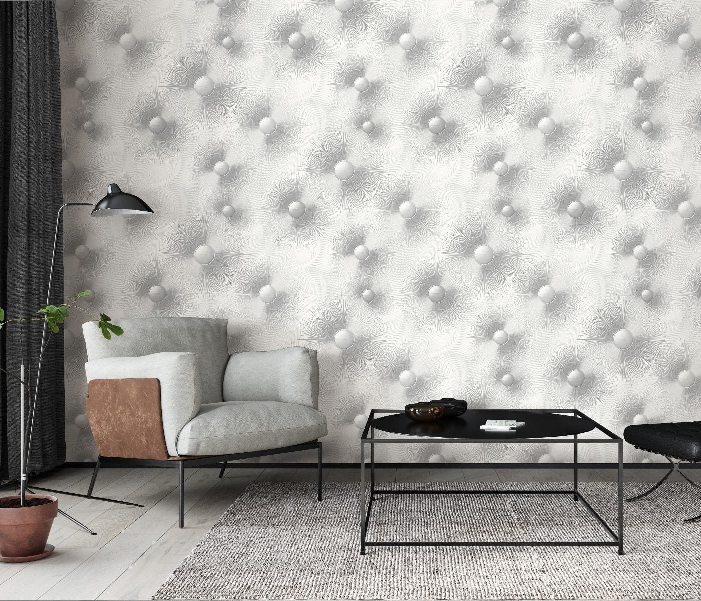 Sudraba tapetes ar ģeometriskiem elementiem un modernu apļu rakstu, 3706373, kabinetām - interjers 3