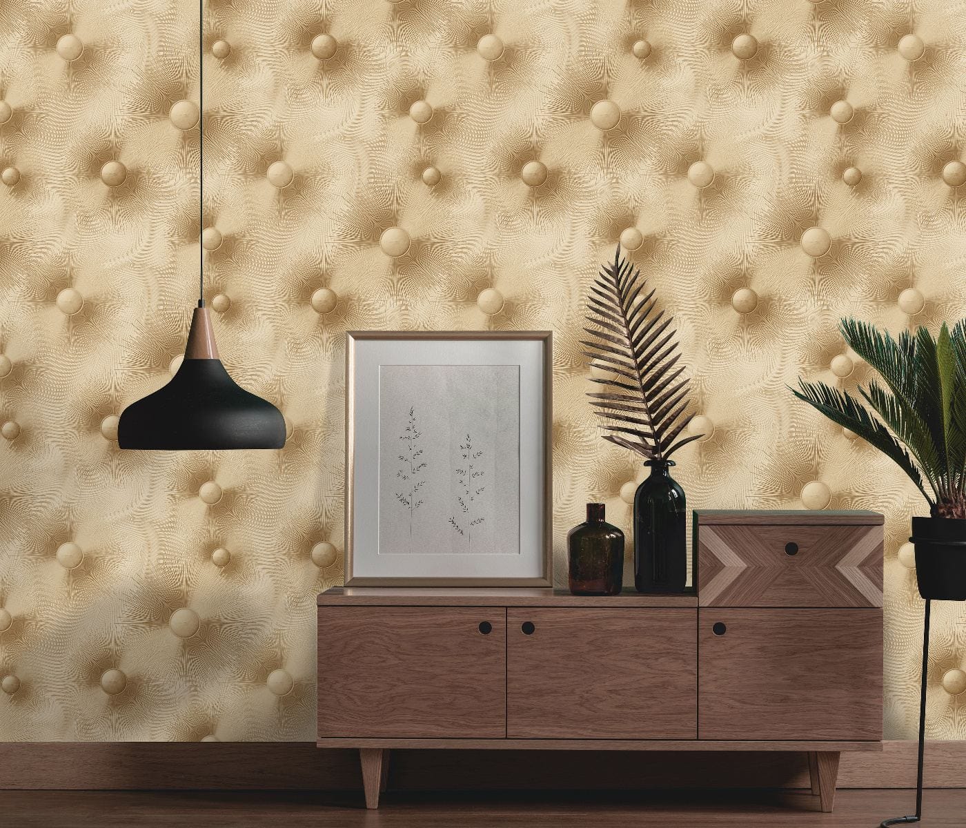 Modernas zelta tapetes ar ģeometrisku rakstu un dekoratīviem apļiem, 3706336, kabinetām - interjers 3