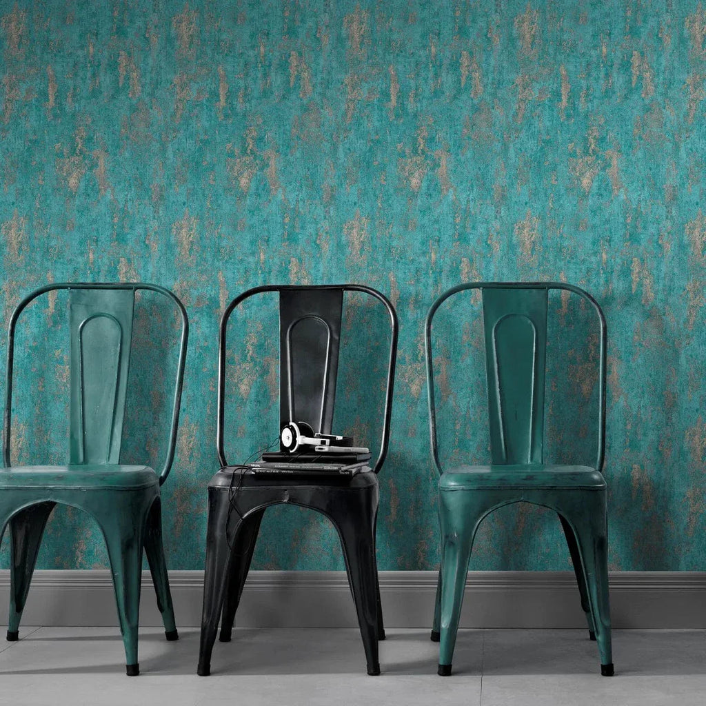 Tirkīza un zelta tapetes ar apmetuma spīdumu – luksusa sienu dekorācija  